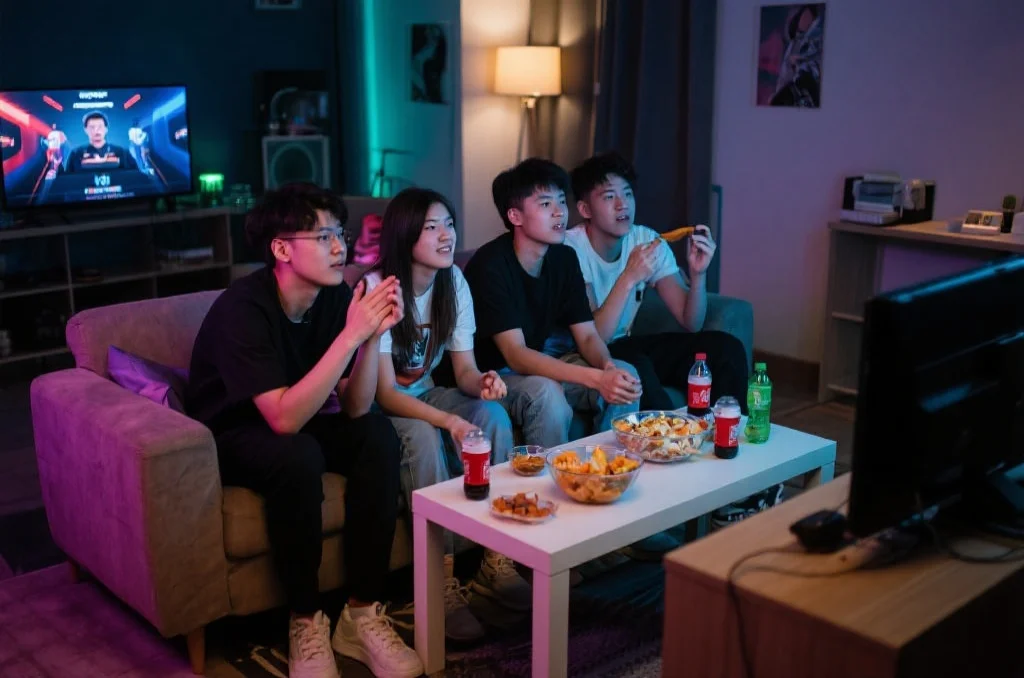 一群年轻人围坐在客厅沙发上，一起专注观看电竞赛事直播，气氛热烈，桌上有零食和饮料