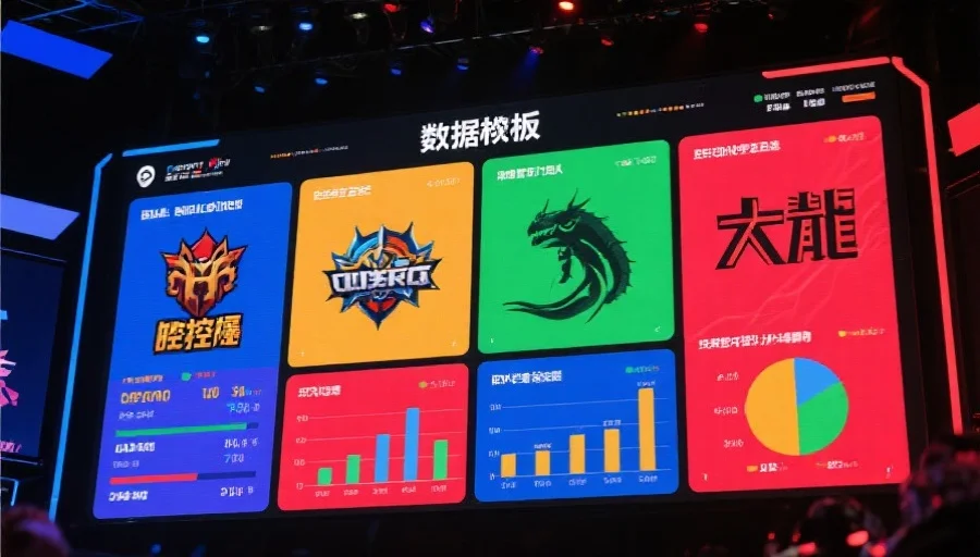电子竞技数据板，展示团队控龙、先锋、大龙等比赛关键数据，以醒目的色块和图表呈现